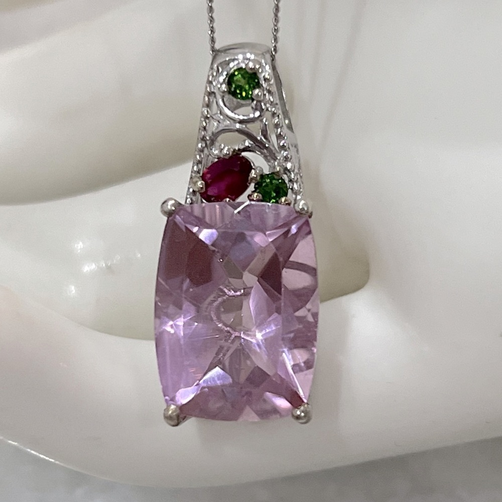 Pink Moscato Quartz Multigemstone Sterling Silver Pendant Necklace